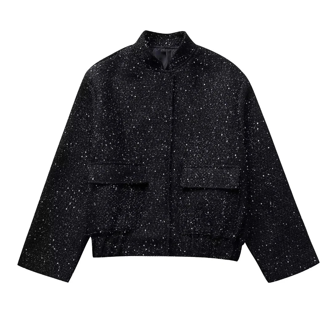 Nlzgmsj – veste à paillettes brillantes pour femme, manteau court à manches longues et col montant, couleur or Y2k, automne hiver, haut pour femme, Streetwear - Ma boutique