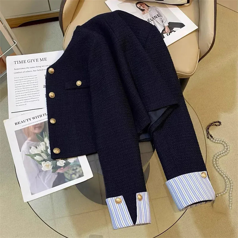 Veste de costume à manches longues pour femme, haut français à col rond, mode loisirs épissage ensemble, manteau Blazer, automne et hiver - Ma boutique