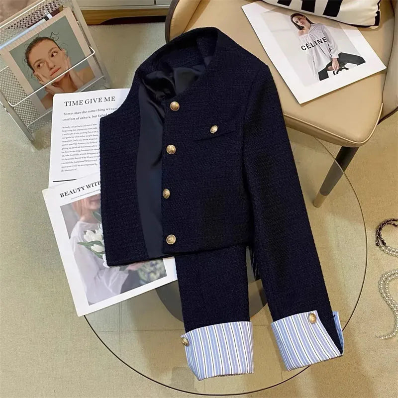 Veste de costume à manches longues pour femme, haut français à col rond, mode loisirs épissage ensemble, manteau Blazer, automne et hiver - Ma boutique