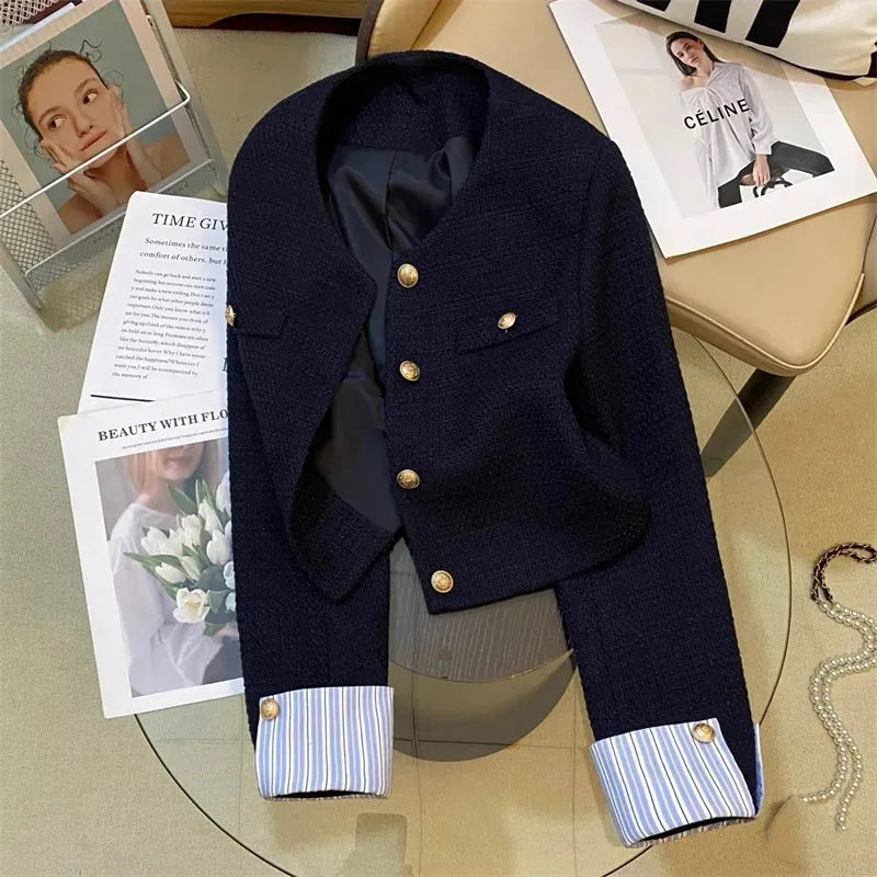 Veste de costume à manches longues pour femme, haut français à col rond, mode loisirs épissage ensemble, manteau Blazer, automne et hiver - Ma boutique