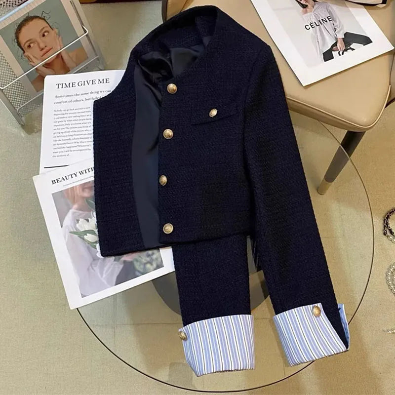 Veste de costume à manches longues pour femme, haut français à col rond, mode loisirs épissage ensemble, manteau Blazer, automne et hiver - Ma boutique